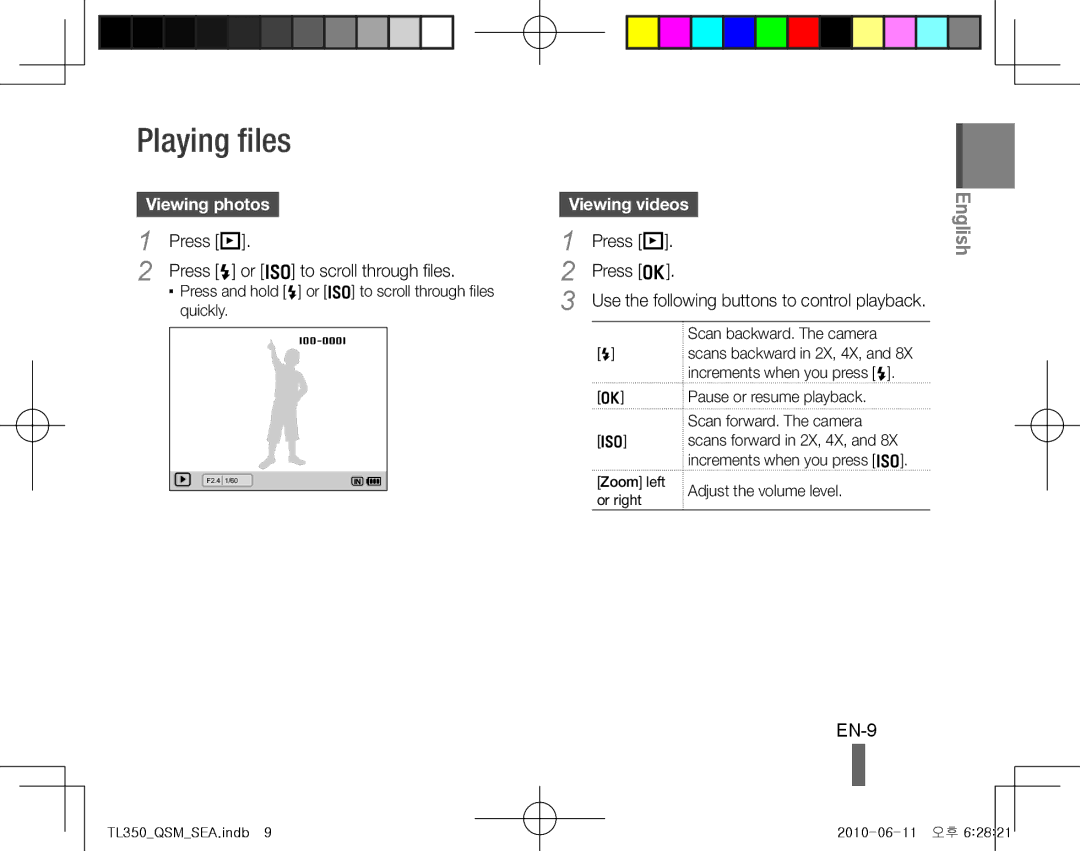 Samsung TL350 quick start manual Playing files, EN-9, Viewing photos , Viewing videos  